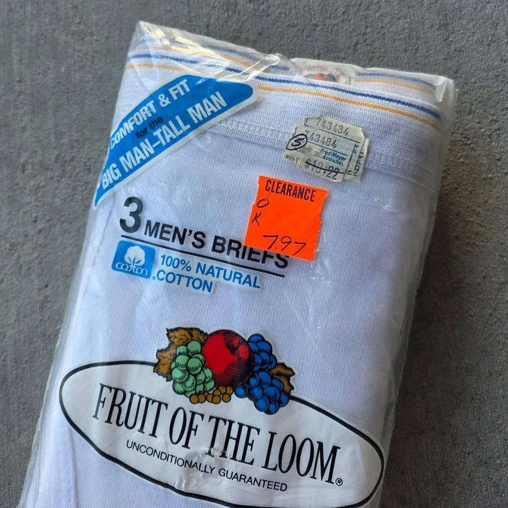 Vintage 1986 Fruit of the Loom Men White Briefs 3 Pack Big Man Tall 2XL USA Made